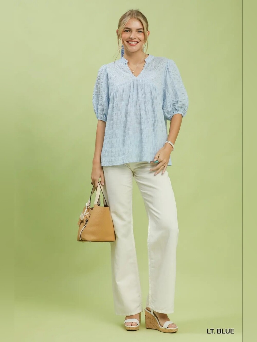 Umgee Light Blue Textured V-Neck Puff Sleeve Top - Women - Picture 4 of 7